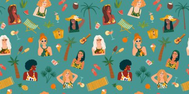 Tropikal plajda mayo giymiş kadınlar için kusursuz bir desen. Yaz tatili, tatil, seyahat.