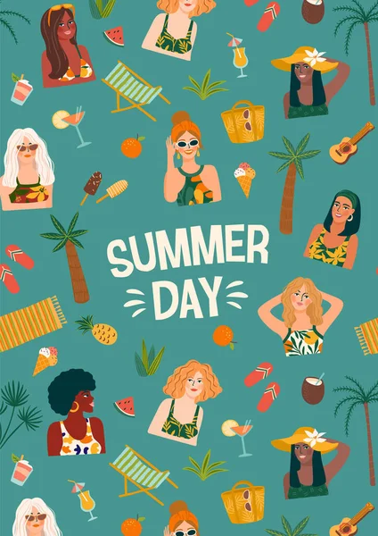 Wektorowa ilustracja kobiet w strojach kąpielowych na tropikalnej plaży. Letni dzień, wakacje, podróże. — Wektor stockowy