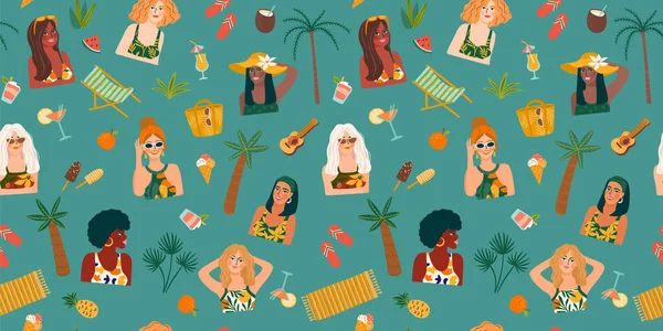 Tropikal plajda mayo giymiş kadınlar için kusursuz bir desen. Yaz tatili, tatil, seyahat.