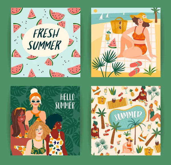 Conjunto de brillantes ilustraciones de verano con mujeres lindas. Vacaciones de verano, vacaciones, viajes. Plantillas vectoriales — Vector de stock