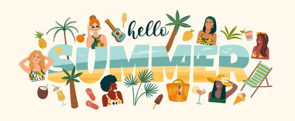 Zomer illustratie met schattige vrouwen. Zomervakantie, vakantie, reizen. Vectortemplateau — Stockvector