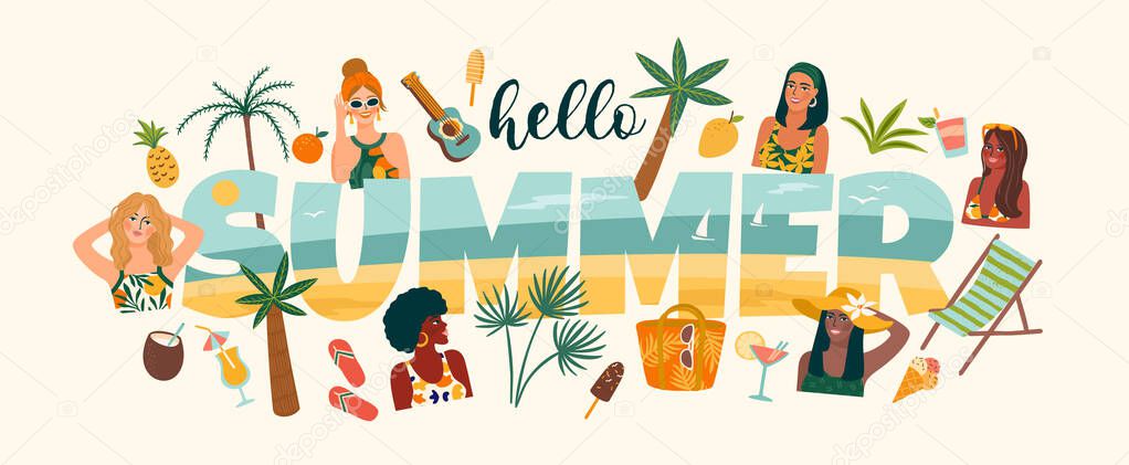 Summer illustration with cute women. Summer holliday, vacation, travel. Vector templat