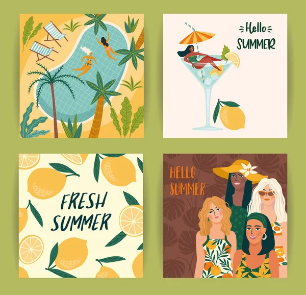 Conjunto de brillantes ilustraciones de verano con mujeres lindas. Vacaciones de verano, vacaciones, viajes. Plantillas vectoriales — Vector de stock