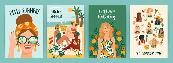 Conjunto de ilustrações brilhantes de verão com mulheres bonitos. Summer Holliday, férias, viagens. Modelos de vetores — Vetor de Stock