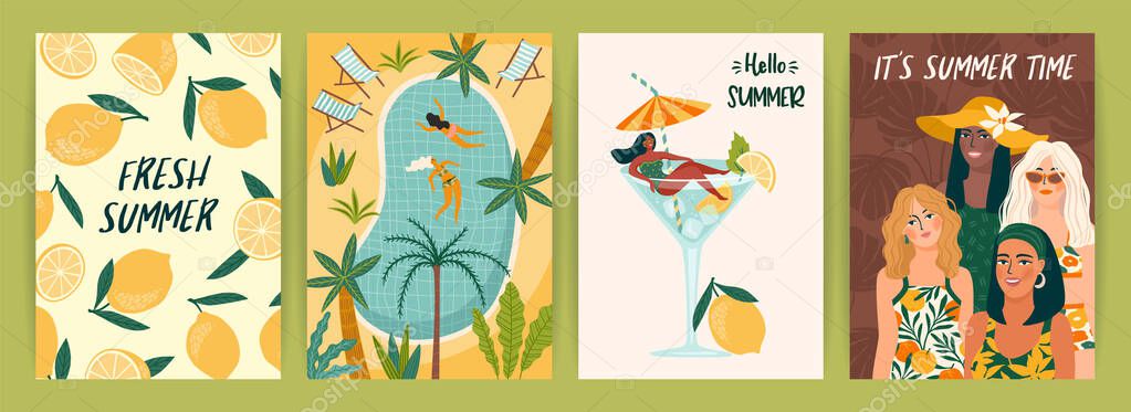 Set of bright summer illustrations with cute women. Summer holliday, vacation, travel. Vector templates