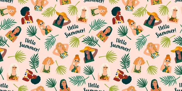 Modèle sans couture vectoriel avec des femmes en maillot de bain et plantes tropicales. Holliday d'été, vacances, voyage. — Image vectorielle