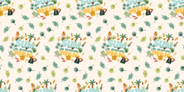 Tropikal plajda mayo giymiş kadınlar için kusursuz bir desen. Yaz tatili, tatil, seyahat