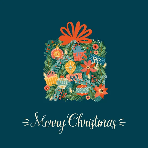 Christmas and Happy New Year illustration with Christmas box. Vector design template. — Stock Vector