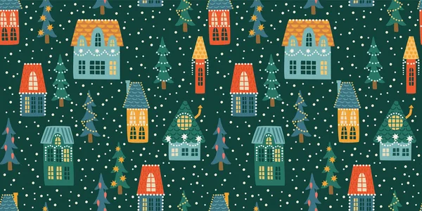 Navidad y Feliz Año Nuevo patrón sin costuras. Ciudad, casas, árboles de Navidad, nieve. Año Nuevo símbolos. — Archivo Imágenes Vectoriales