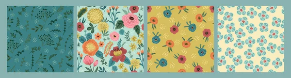 Conjunto de patrones florales Folk sin costura. Diseño abstracto moderno — Vector de stock
