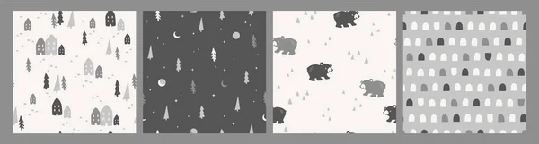 Vector set of cute winter seamless patterns. Nature, trees, houses, bears. — Stock Vector