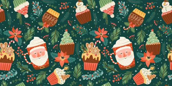 Navidad y Feliz Año Nuevo patrón sin costuras con la Navidad dulce y bebida. — Archivo Imágenes Vectoriales