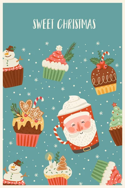 Vánoce a Šťastný Nový rok ilustrace s vánočními sladkosti a pití. Šablona návrhu vektoru. — Stockový vektor