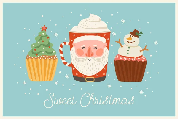 Natale e Felice Anno Nuovo illustrazione con dolci e bevande natalizie. — Vettoriale Stock