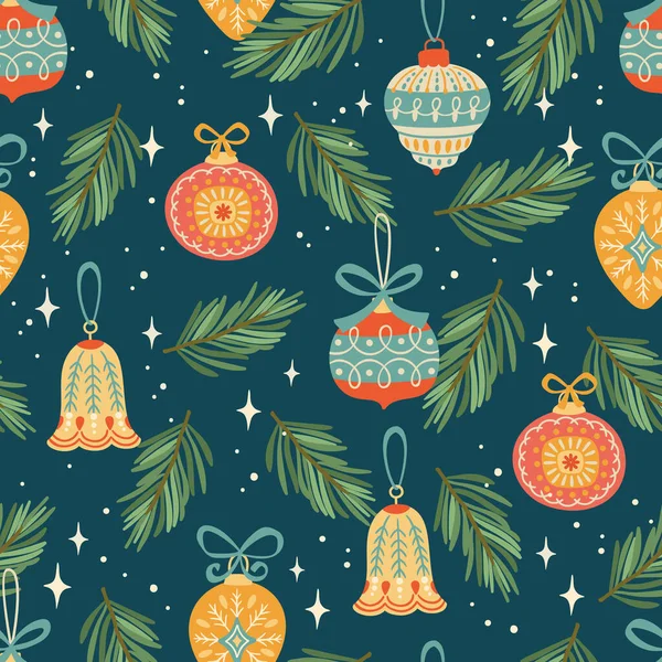 Christmas and Happy New Year seamless pattern with Christmas decorations. Vector design — Stock Vector