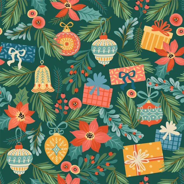 Christmas and Happy New Year seamless pattern with Christmas decorations, flowers and gifts. Vector design — Stock Vector