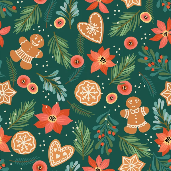 Christmas and Happy New Year seamless pattern with needles, flowers and gingerbread. Vector template. — Stock Vector