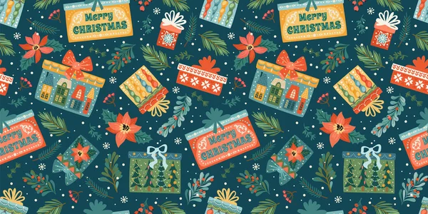 Navidad y Feliz Año Nuevo patrón sin costuras con cajas de regalo. plantilla de diseño vectorial. — Vector de stock