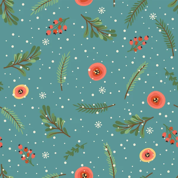 Navidad y Feliz Año Nuevo patrón sin costuras. Árbol de Navidad, flores, bayas. Plantilla de diseño vectorial. — Archivo Imágenes Vectoriales