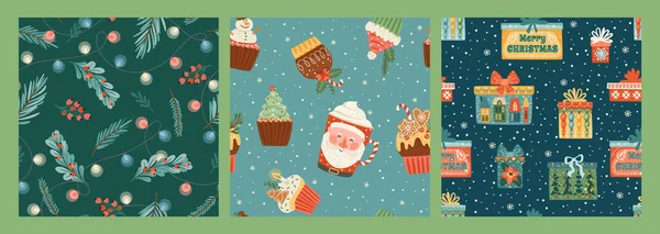 Set von Weihnachten und Happy New Year nahtlose Muster mit Weihnachtssüßigkeiten, Geschenkschachteln, Fichtenzweigen . — Stockvektor
