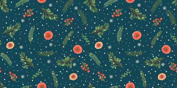 Navidad y Feliz Año Nuevo patrón sin costuras. Árbol de Navidad, flores, bayas. — Archivo Imágenes Vectoriales