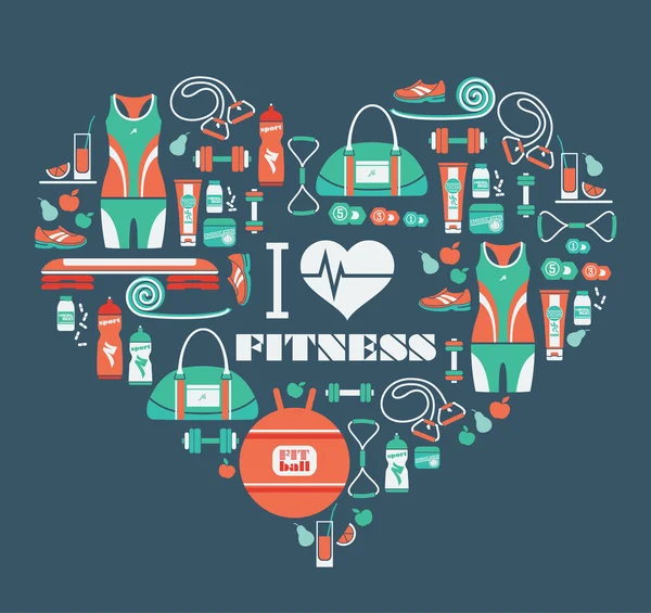 Iconos de fitness fondo en forma de corazón. Me encanta el fitness — Archivo Imágenes Vectoriales