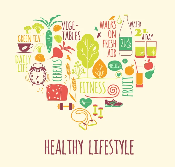 Healthy lifestyle Icons set in the shape of heart — Stock Vector