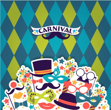 Karnaval simgeler ve nesnelerle kutlama Festival arka plan.