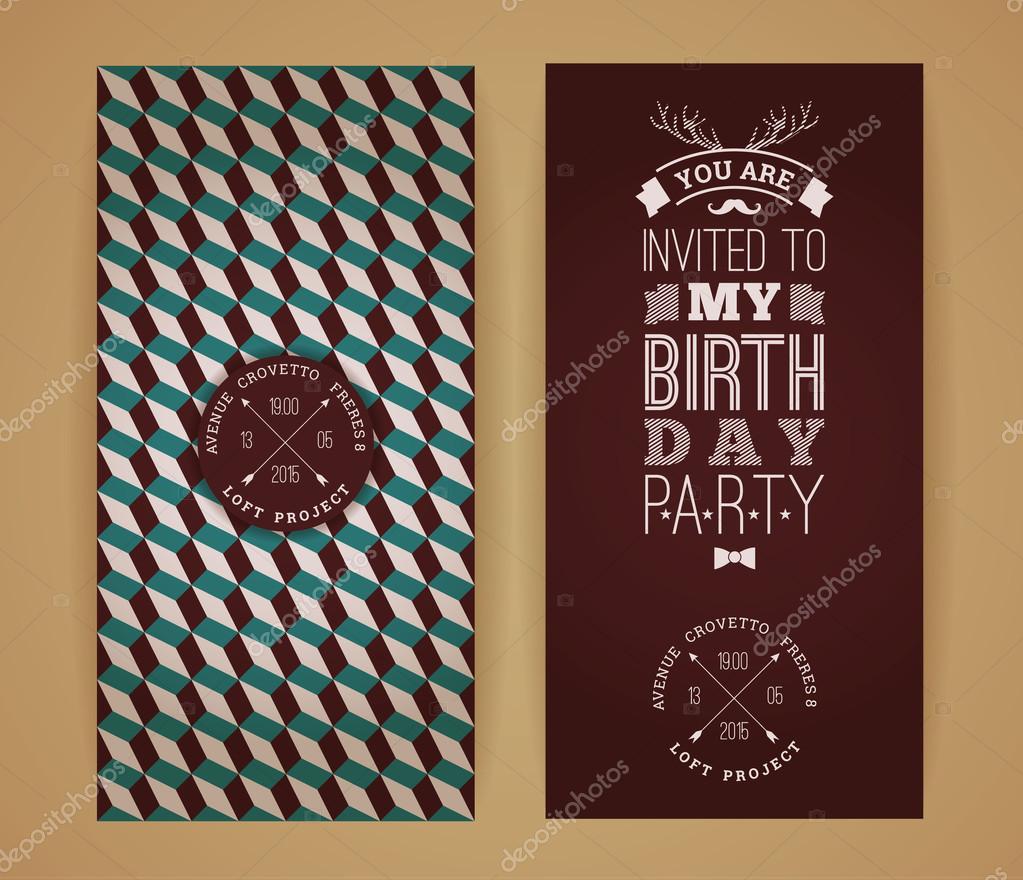 Happy birthday invitation, vintage retro background with geometric pattern. Hipster style. Vector illustration.