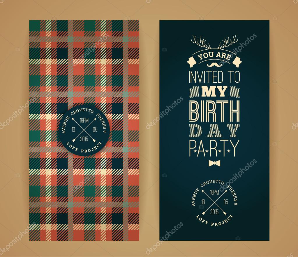 Happy birthday invitation, vintage retro background with plaid pattern. Hipster style. Vector illustration.