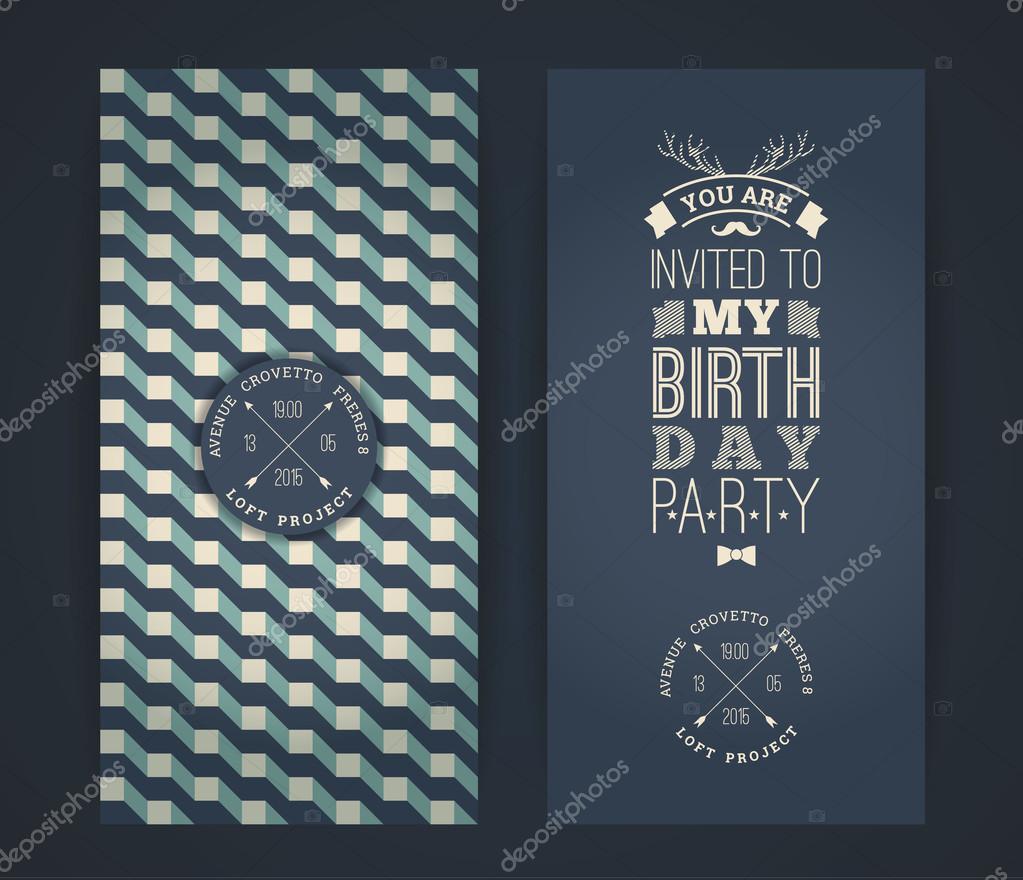 Happy birthday invitation, vintage retro background with geometric pattern. Hipster style. Vector illustration.