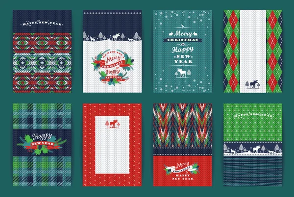 Christmas and New Year Set. Plaid and knitted backgrounds. — Stock Vector