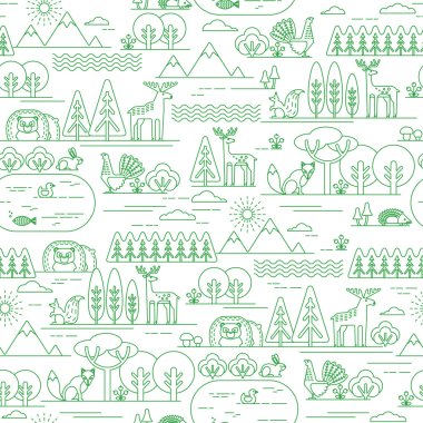 Vector seamless pattern with forest flora and fauna. clipart