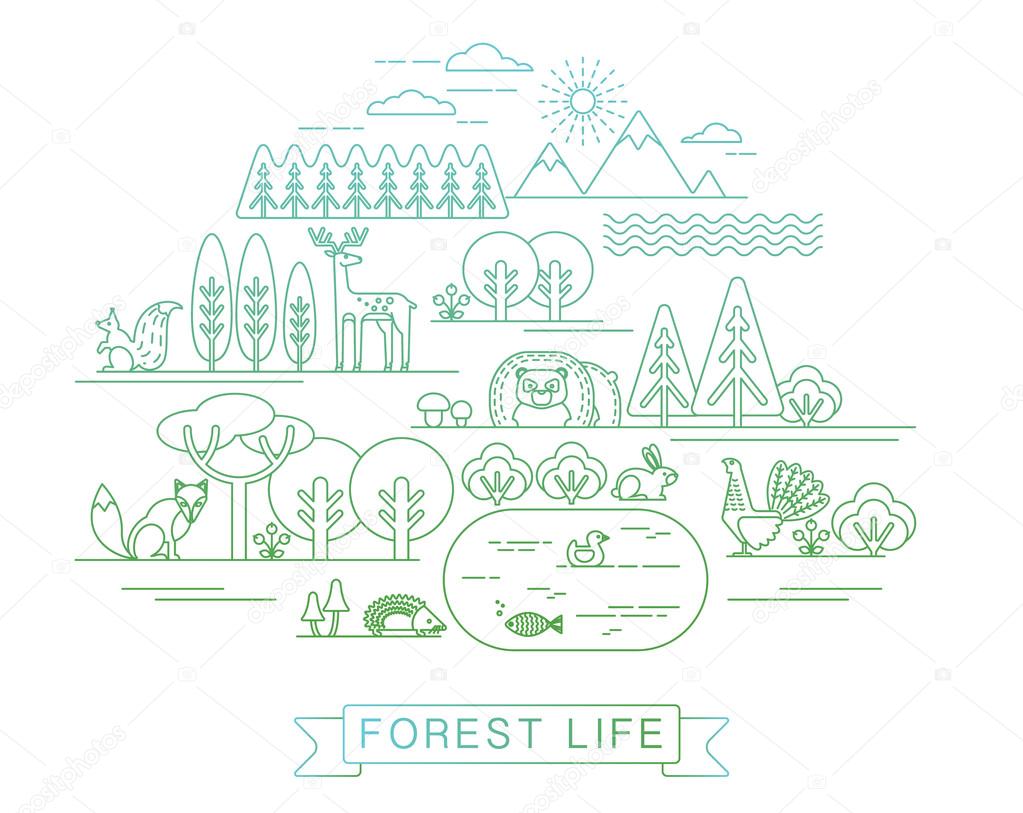 Vector illustration of forest life. Forest flora and fauna. Trendy graphic style.