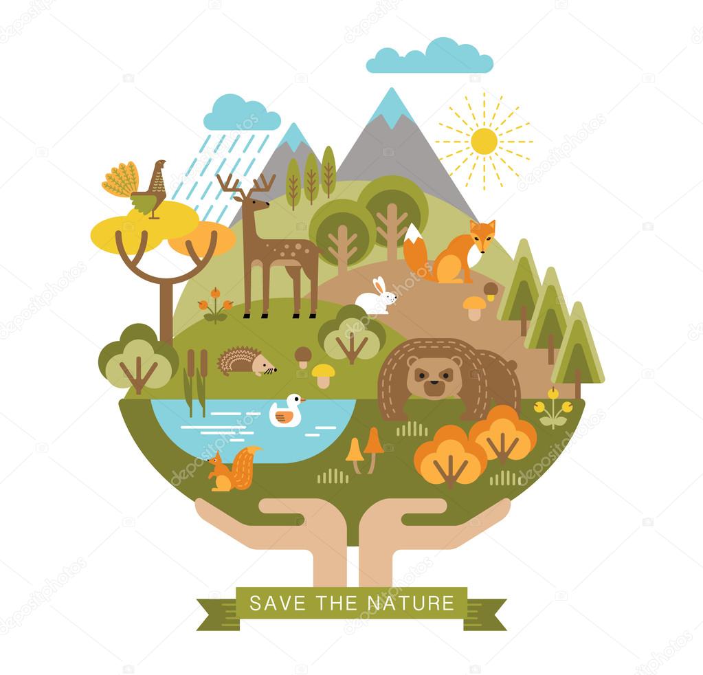 Vector illustration of protection nature. Forest flora and fauna. Trendy graphic style.