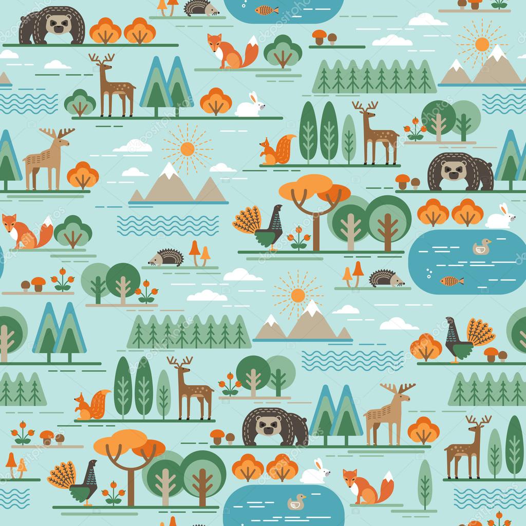 Vector seamless pattern with forest flora and fauna. Trendy graphic style.