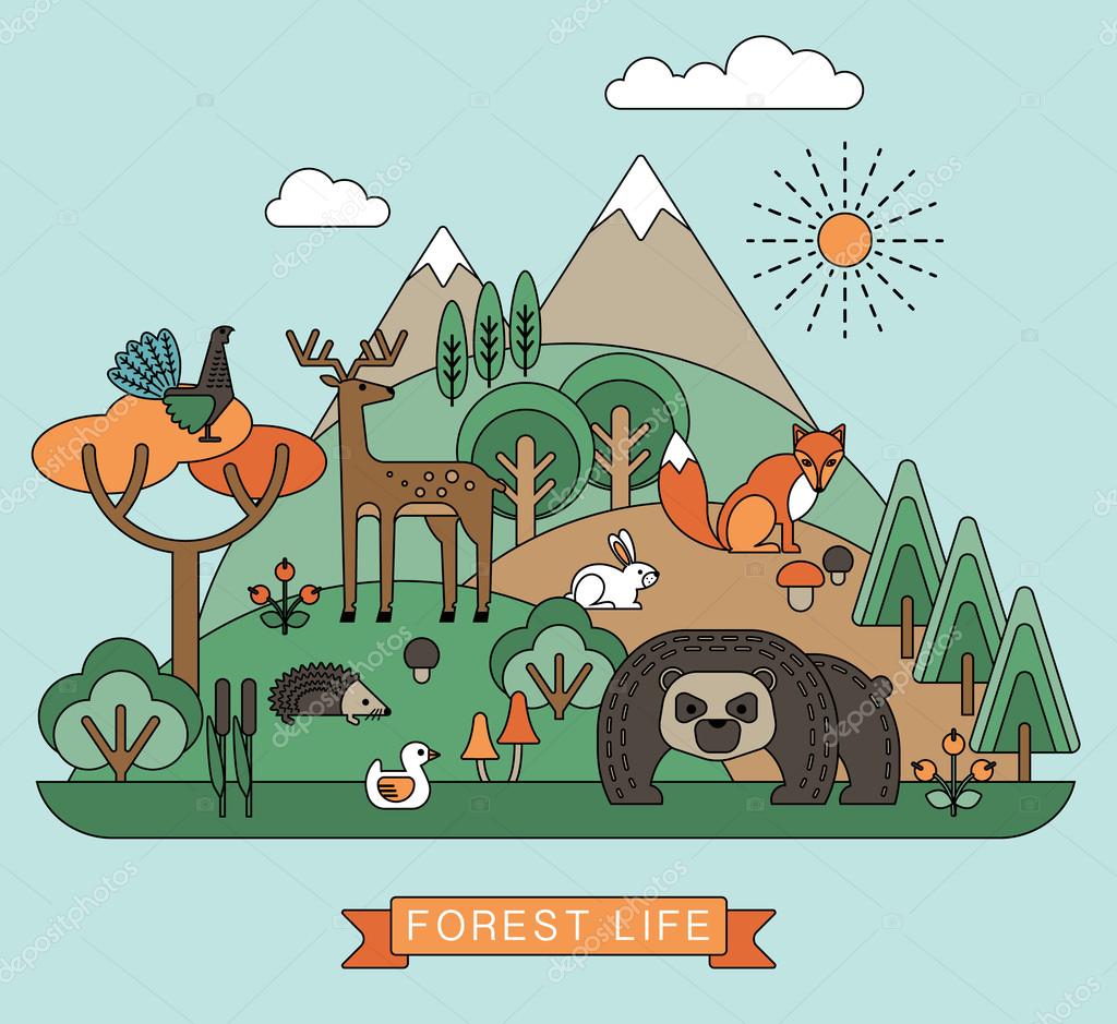 Vector illustration of forest life. Forest flora and fauna. Trendy graphic style.