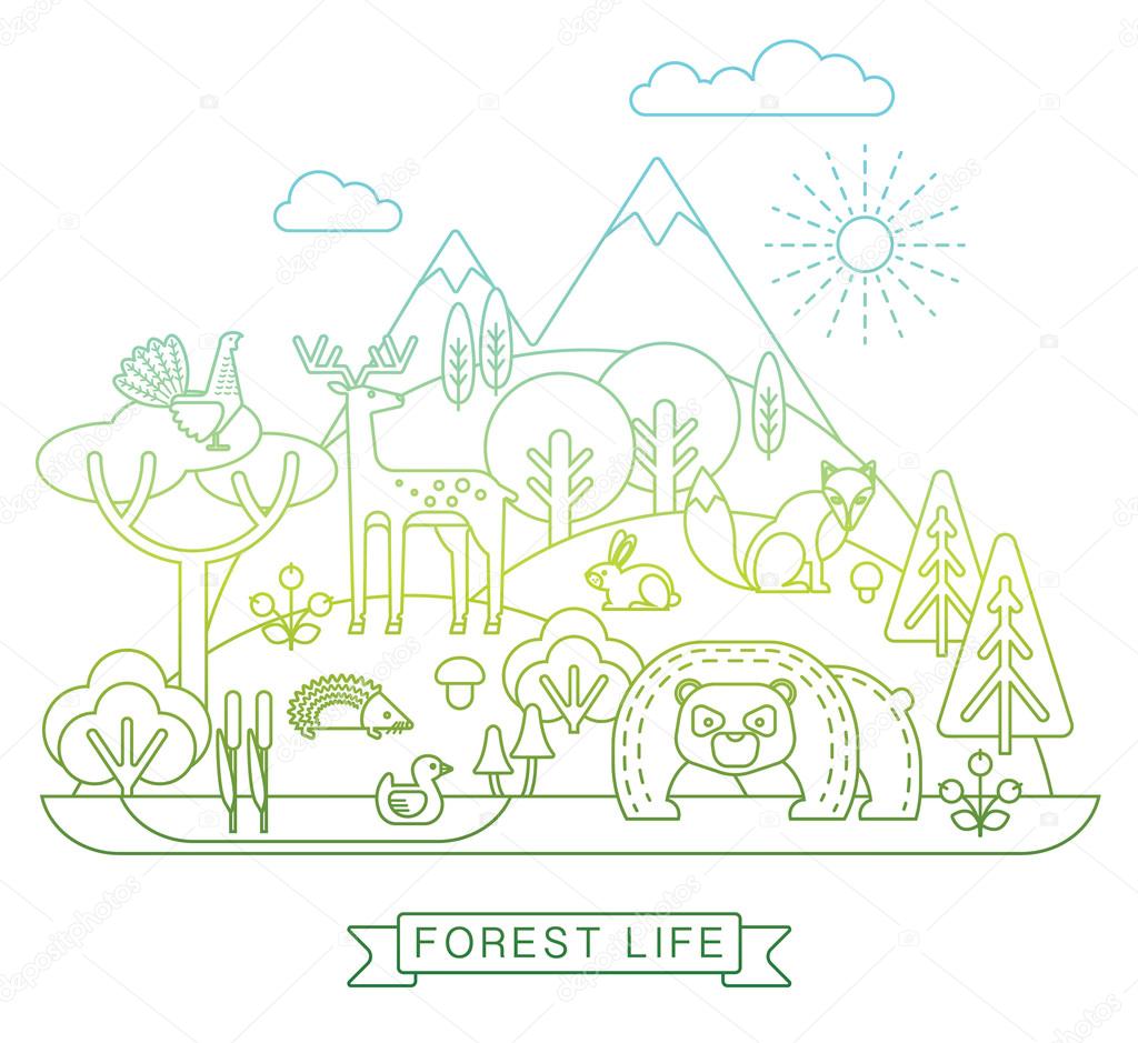 Vector illustration of forest life. Forest flora and fauna. Trendy graphic style.