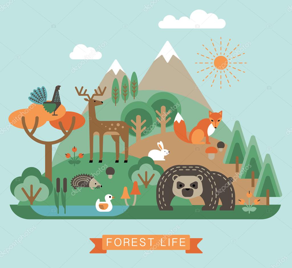 Vector illustration of forest life. Forest flora and fauna. Trendy graphic style.