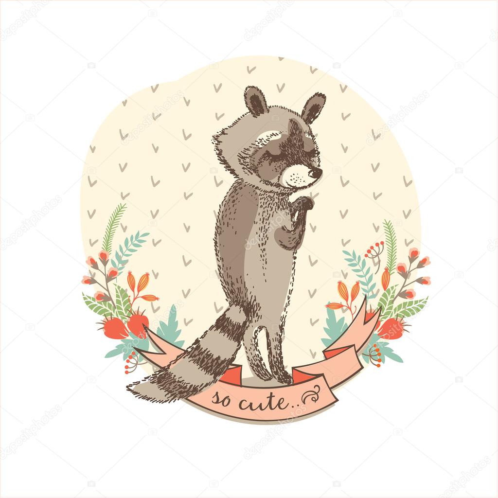 Vector illustration of cute raccoon.