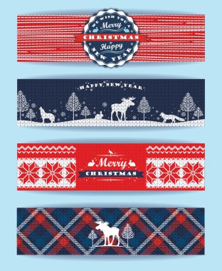 Noel ve yeni yıl küme. Ekose ve örme arka planlar.