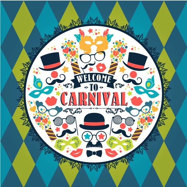 Ilustración festiva con iconos y objetos de carnaval — Vector de stock