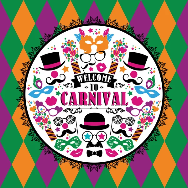 Ilustración festiva con iconos y objetos de carnaval — Vector de stock