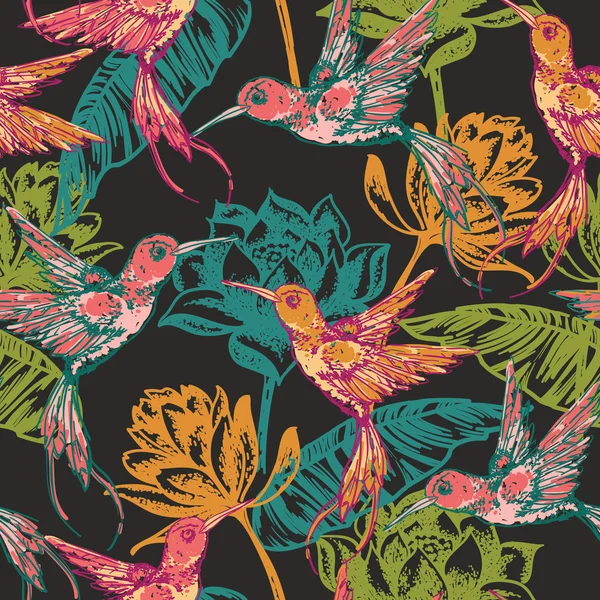 Ручной рисунок тропического фона с колибри и цветы . — стоковый вектор