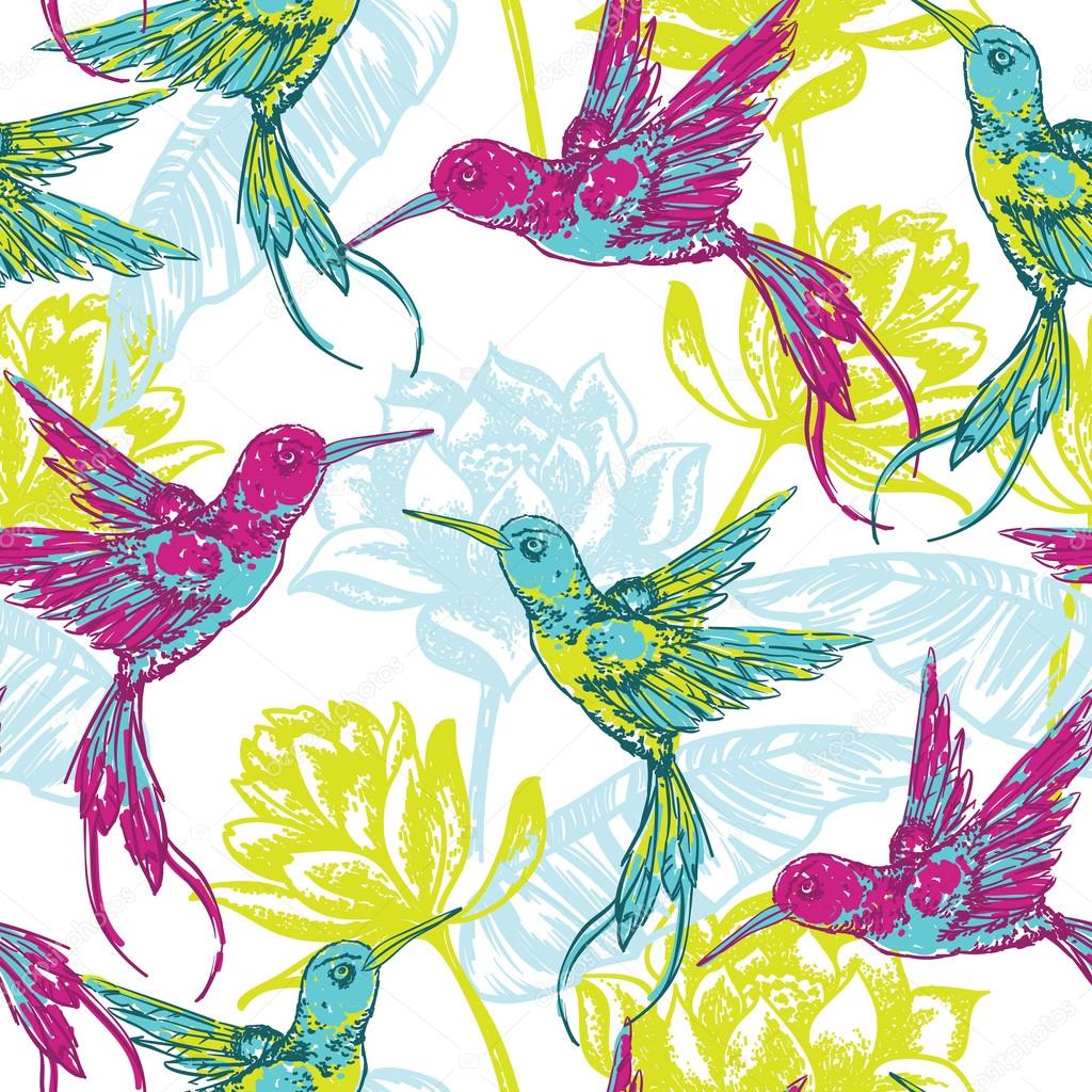 Hand drawn tropical background with colibri and flowers.