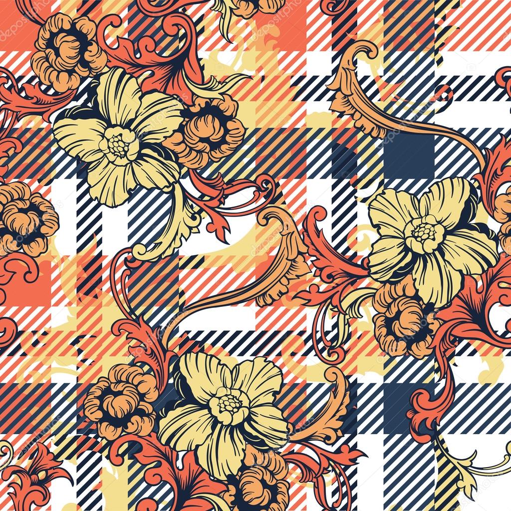 Hounds-tooth seamless pattern with baroque ornament.