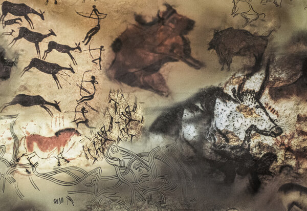 rock paintings of ancient people, showing a hunt for wild animals