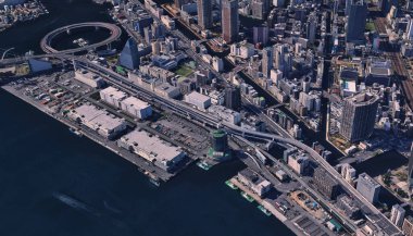 Japonya, başkent Tokyo kıyıları, altyapı, konut binaları, köprüler, eğlence ve körfezler