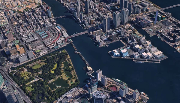 Japan Kust Van Hoofdstad Tokio Infrastructuur Woongebouwen Bruggen Attracties Baaien — Stockfoto