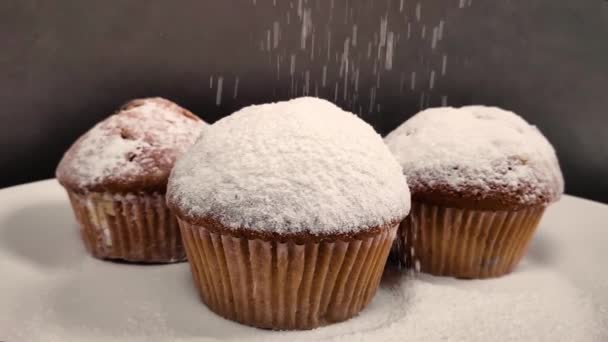 Geurige taart bestrooid met poedersuiker. slow motion — Stockvideo